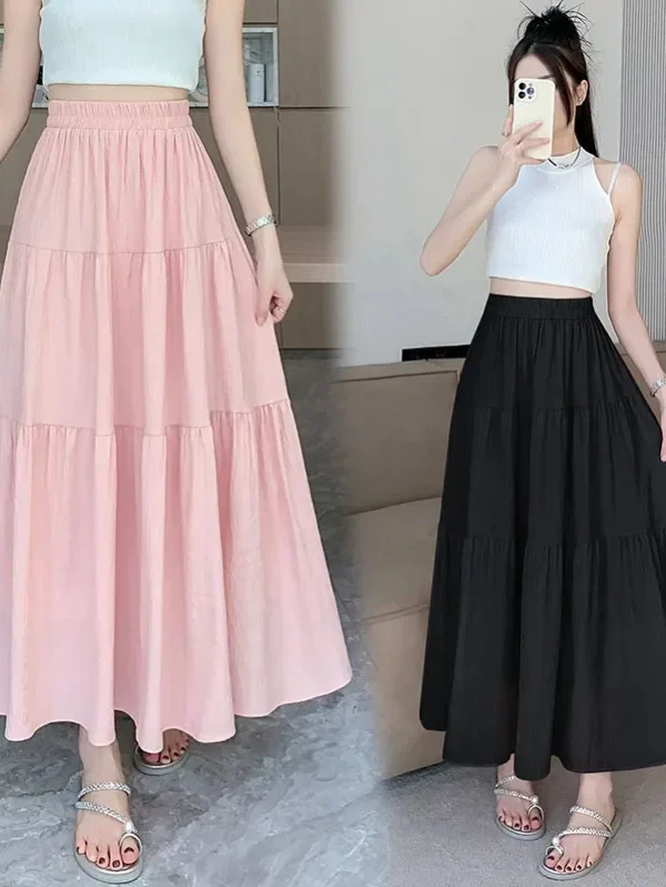 Lucyever 2024 Summer New Pink Long Skirt Women Fashion High Waist Patchwork A-Line Skirts Woman Solid Color All-Match Midi Skirt